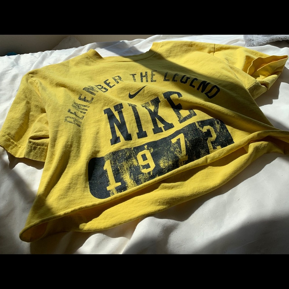 Yellow Nike “remember the legend” faded crop top
